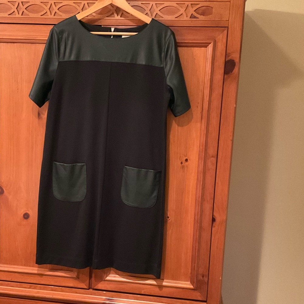 Loft faux leather trim little black knit dress
